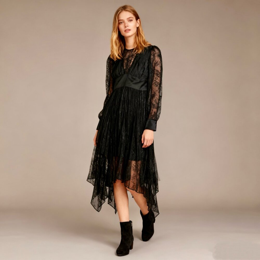 $429 NWOT Allsaints LACE PLEATED ASYMMETRIC MAXI Black DRESS Size 4